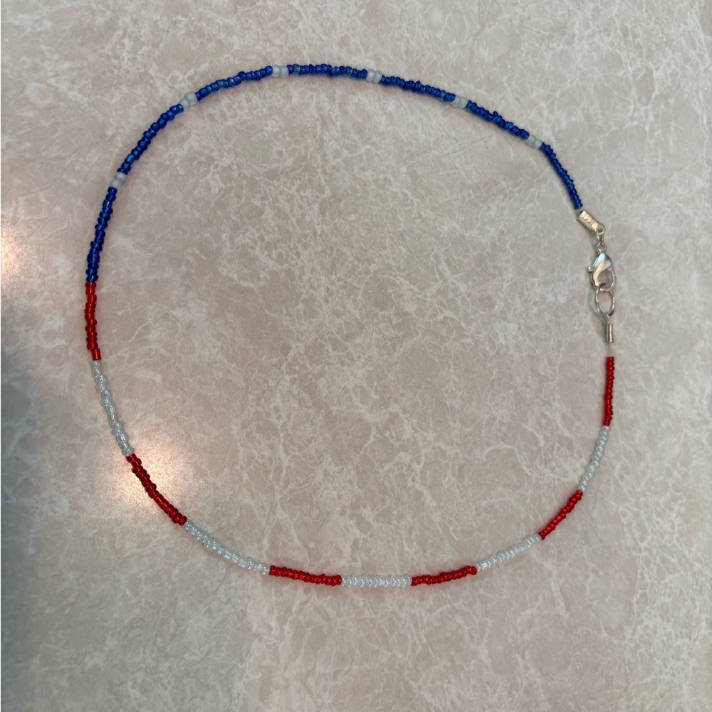 Elegant Beaded Necklace - Red, Blue, and Silver